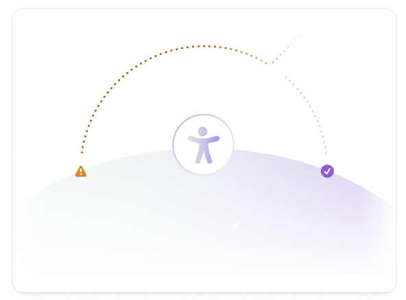 Illustration conceptuelle de l’amélioration de l’accessibilité avec une icône centrale de personne. Des flèches montrent une progression d’une alerte orange vers une coche violette sur un fond dégradé doux.