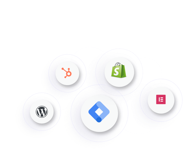 Quatre cercles représentant les principales plateformes web : logo HubSpot, logo Shopify, logo WordPress et logo Google Tag Manager.
