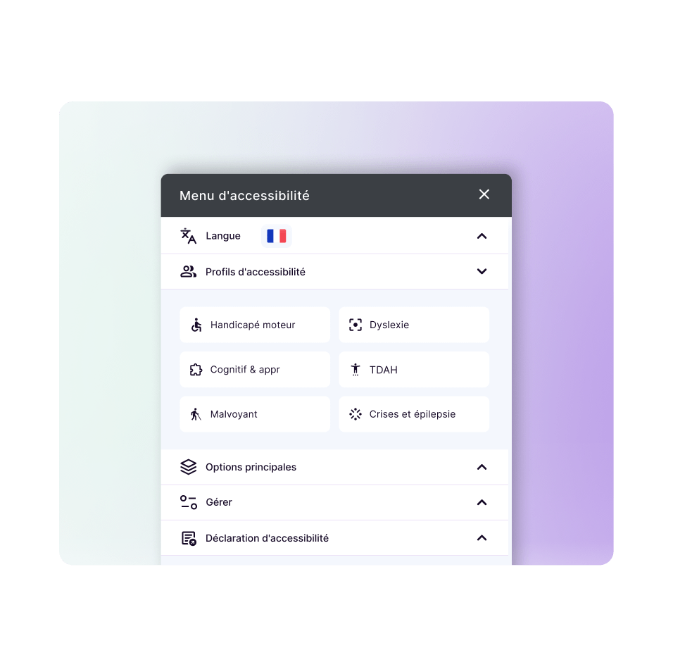 Illustration of the Accessibility Profiles section on our AI widget, highlighted with a magnifying glass design.
